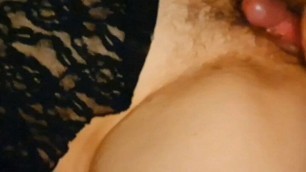 hairy horny girl is fucked from behind and then he can cum on the hairy pussy!